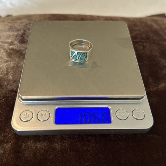 Vintage Zuni Wide Sterling Silver and Turquoise Chip Inlay Ring Southwestern - Picture 8 of 12